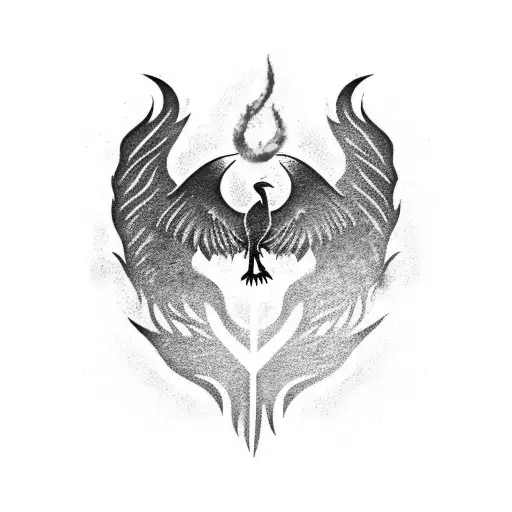 Strong But Delicate Stenciled Phoenix With Open Wings And Fire Originating From Its Tail