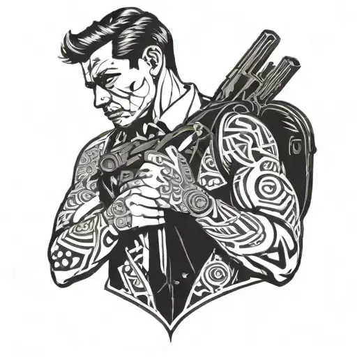 Man In Suit Holding Gun And Black Bag