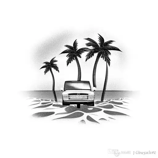 A Beach Scene With Palm Trees And A Truck Parked Nearby