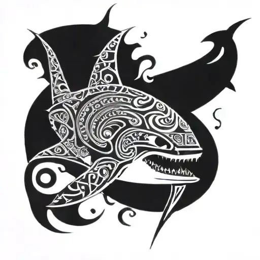 Mantaray With Shark In The Middle Black And White