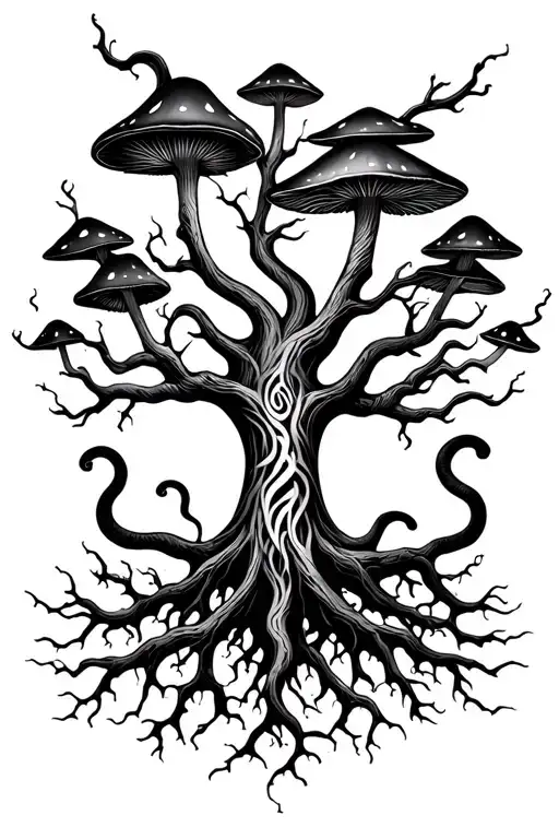 Yggdrasil With Mushrooms And Snakes Around The Roots