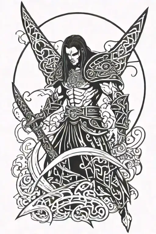 Vampire Godly Warrior With Huge Swords And Ramdomly Japanese Words Around Him