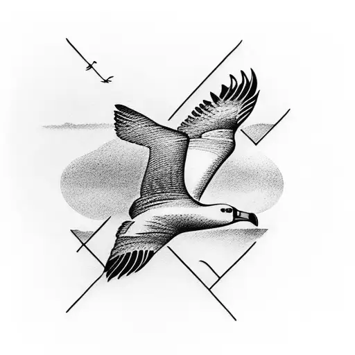 Create A Minimalist Tattoo Of An Albatross In Flight With The Word 'Komal'