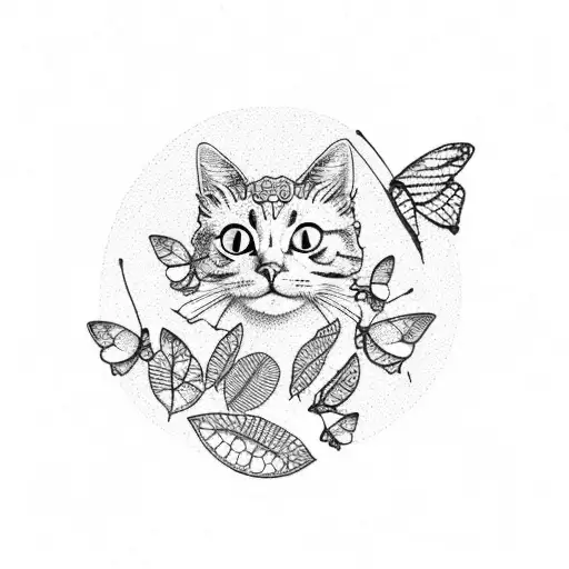 A Delicate Dotwork Design Of A Cat Perched On A Branch With Leaves Shaped Like Butterflies