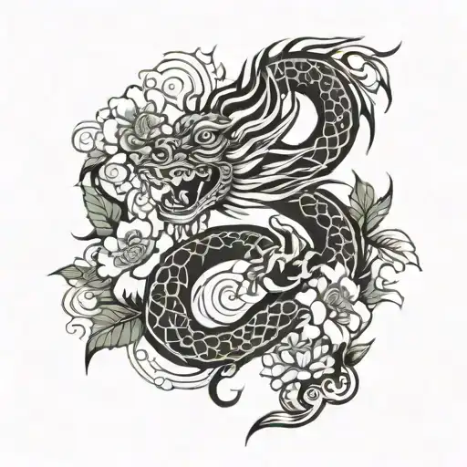 Japanese Dragon And Flowers