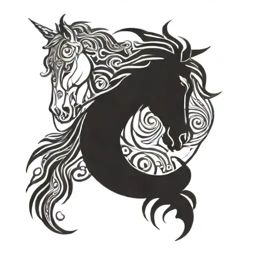 Two Horse Heads Facing Away From Each Other Under A Half Moon