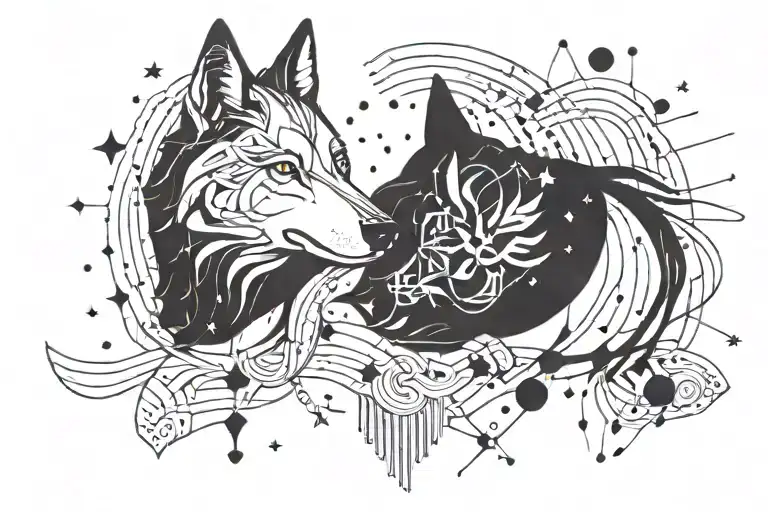 A Wolf Wis Constellations Swarming Around Its Head With Colorful Hair