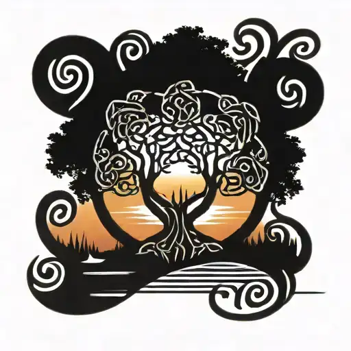 Irish Celtic Knotwork Trees Colors Sunset Over Lake