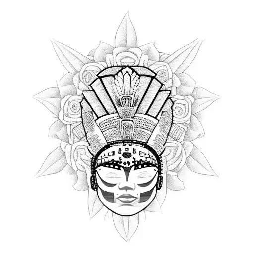 Mayan Woman With A Headdress Made Of Roses And Sunflowers