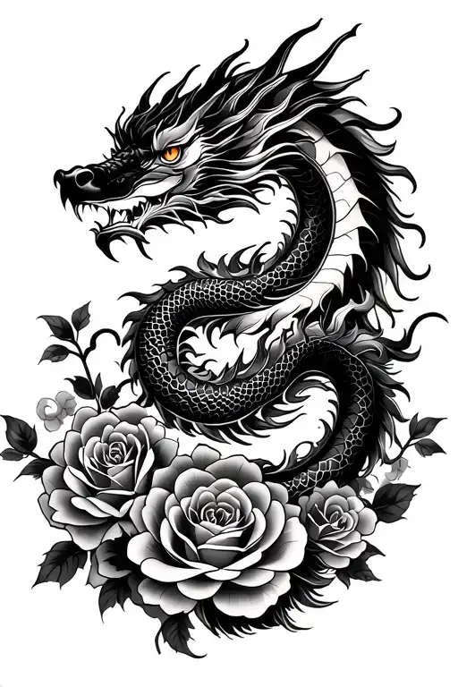 Japanese Dragon With A Background Of Roses