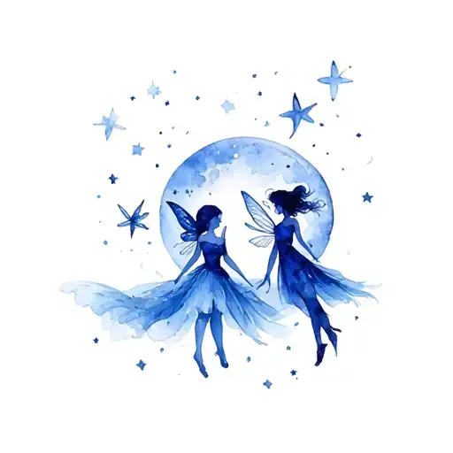 Fairies And Moon And Star Filled Sky