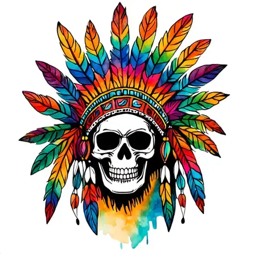 Traditional Native Indian Skull With Colourful Feathered Headdress