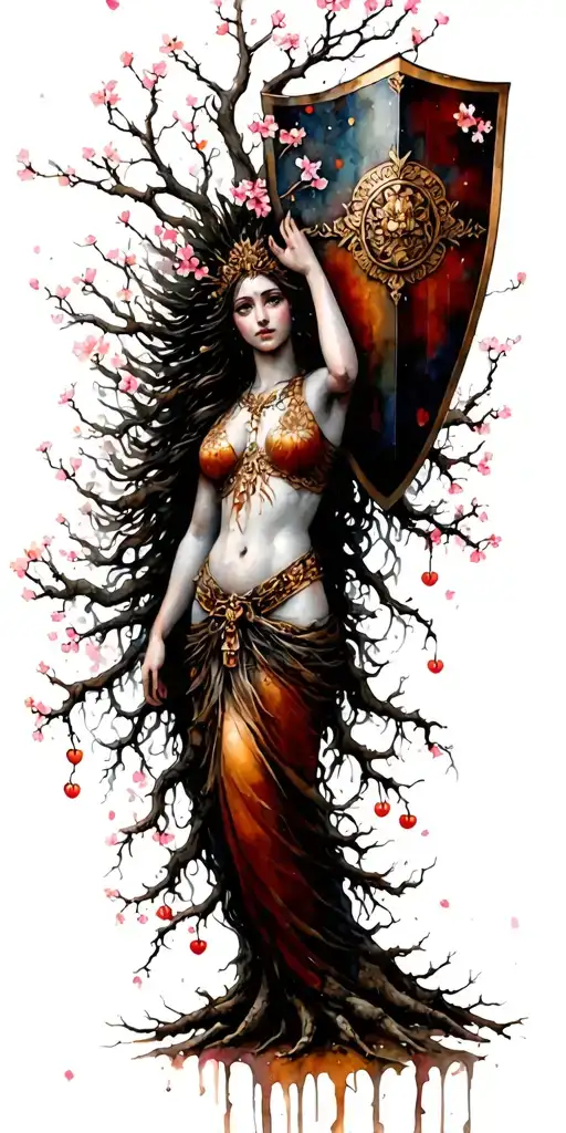 A Tree Goddess Protecting Her Daughters With A Shield Made Of Branches With Cherry Blossoms