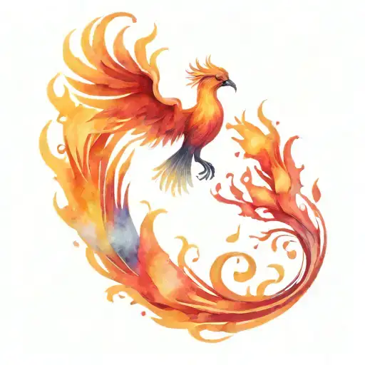 A Watercolor Phoenix Surrounded By Colorful Flames