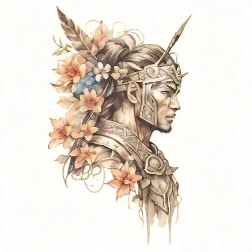 A Sketch Tattoo Of A Warrior For God Surrounded By Flowers And Nature Elements