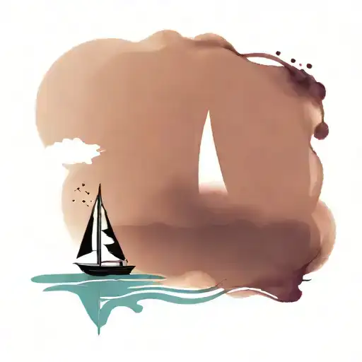 An Abstract Black Sailboat With Minimal Turquoise And Dark Blue Watercolor Waves