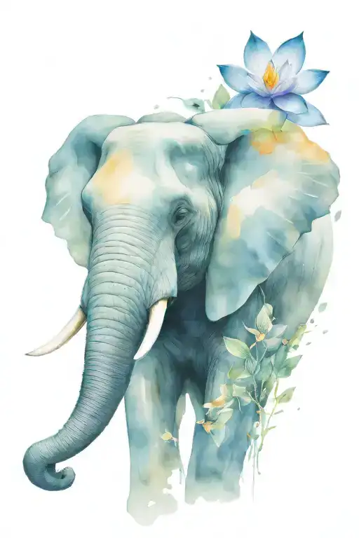 Forward Facing Elephant Head With Lotus Flower Blooming On Front Of Head