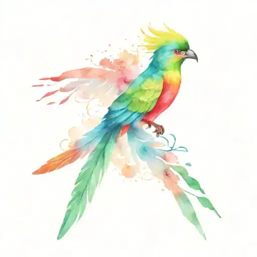 Quetzal Bird Rising From Ashes Whit A Long Tail Feathers