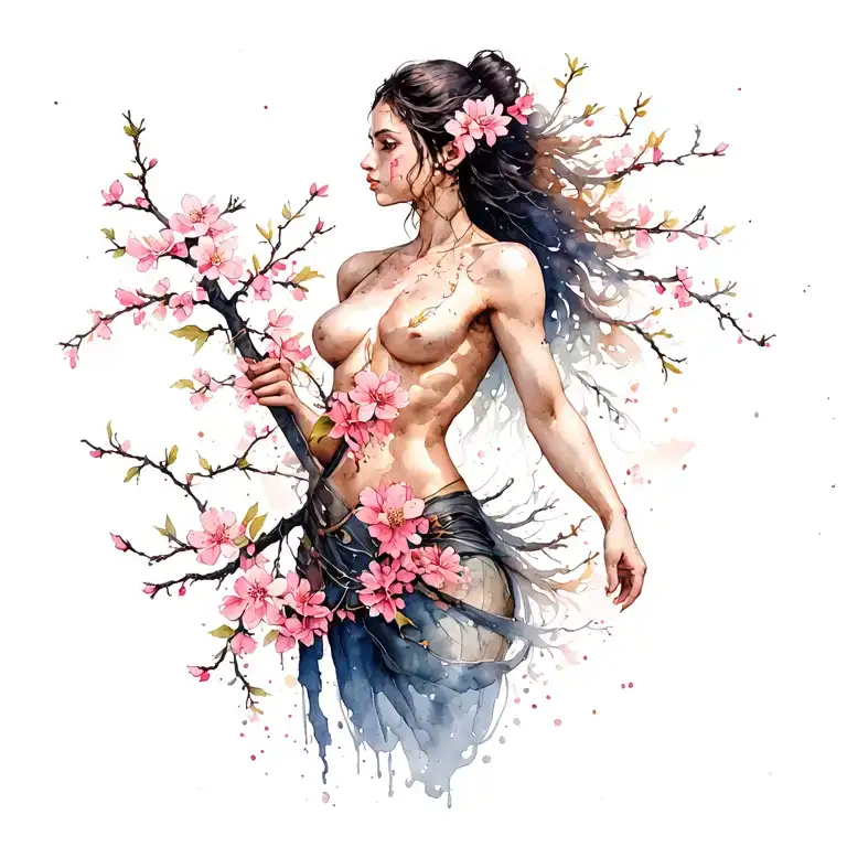 Cherry Blossoms Vine And Small Flowers Intertwined Around Strong Woman Warrior Full Body