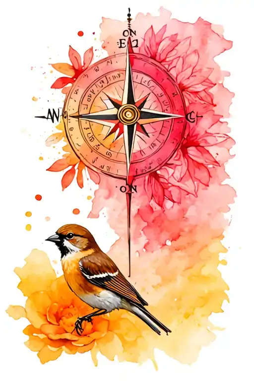 Navigation Compass And Flower And Sparrow