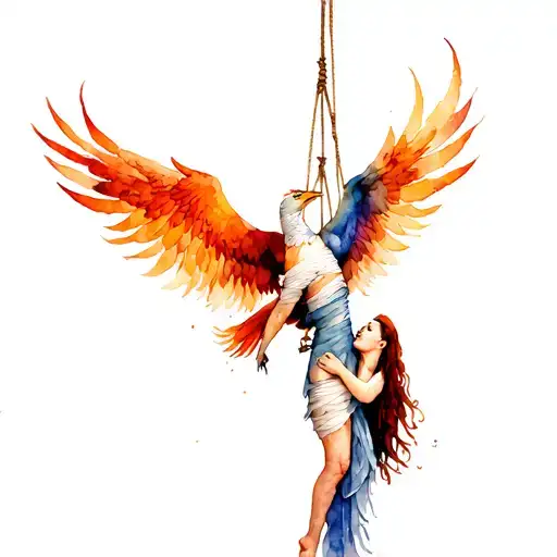 Phoenix Bird Carrying Bandaged Woman Hanging And Suspended By Rope