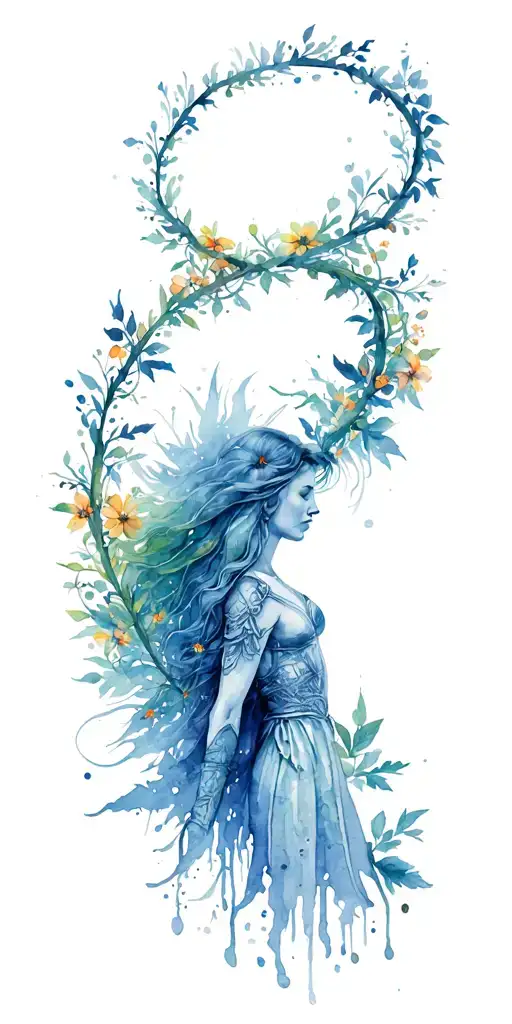 Wildflowers Long Vine Wrapped Loosely In Helix Merging Around Warrior Woman