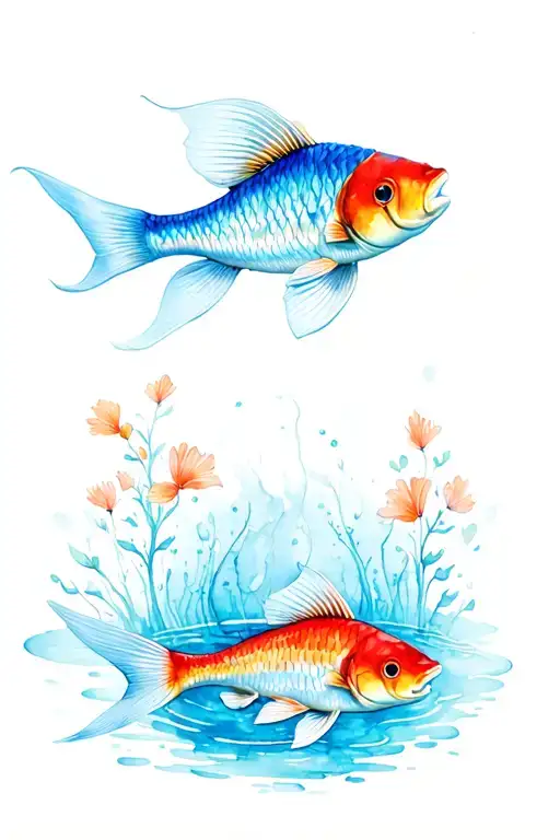 Coy Fish In Blue Pond With Kiki Pads Swimming Around