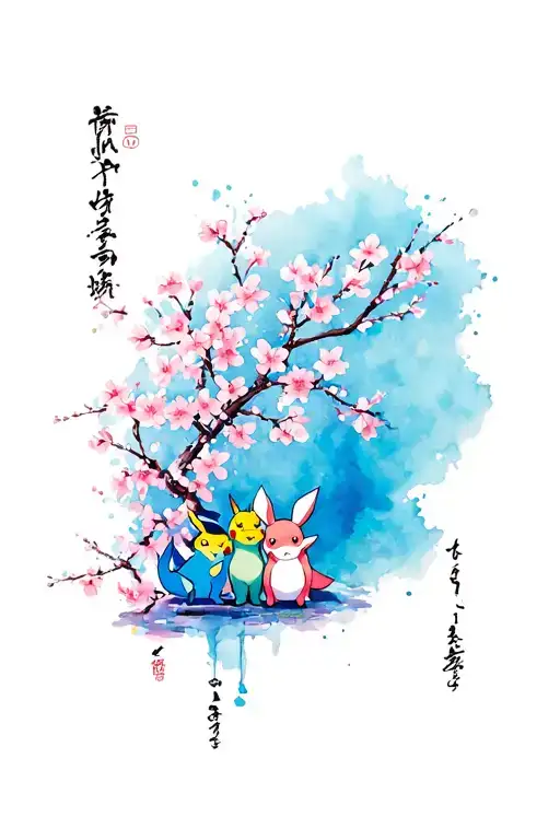 Cherry Blossom Sleeve With Pokemon Characters And Japanese Writing