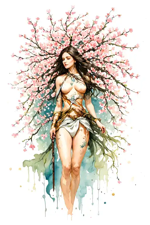 Cherry Blossoms Longer Vine With Small Flowers Intertwined Around Strong Woman Warrior Full Body