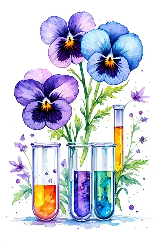 Pansy Flowers And Test Tubes Filled With Different Elements