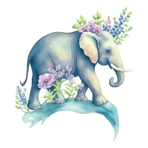 Elephant Tattoo Holding Lavender Flower Bouquet