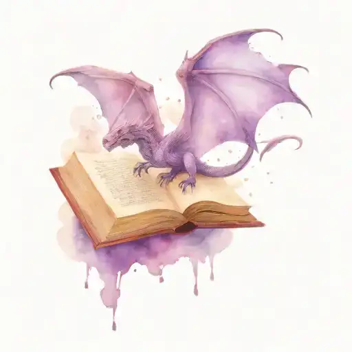 Purple Watercolor Dragon Flying Above An Open Book With Magic In The Background
