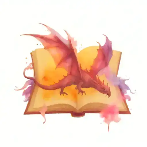 Blue And Purple Watercolor Dragon Flying Above An Open Book With Magic In The Background