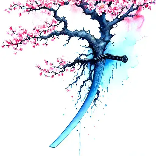 Broken Katana On The Sakura Tree Roots