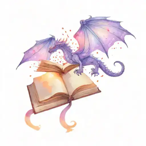 Purple Watercolor Dragon Flying Above An Open Book With Magic In The Background