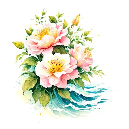 Wild Roses And Easter Lili Flowers Surrounded By Ocean Waves