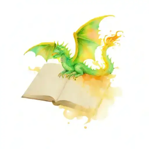 Watercolor Dragon Above An Open Book With Magic In The Background