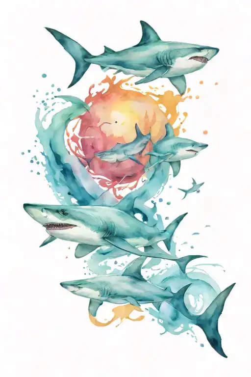 Sharks Swimming With Fish And Manta Rays