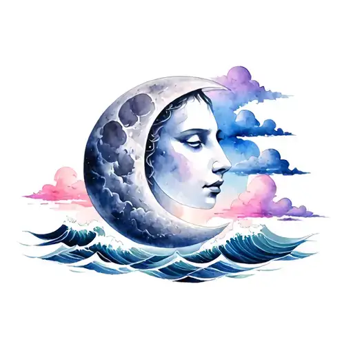 Moon With Face And Cloud Waves Crashing In The Background
