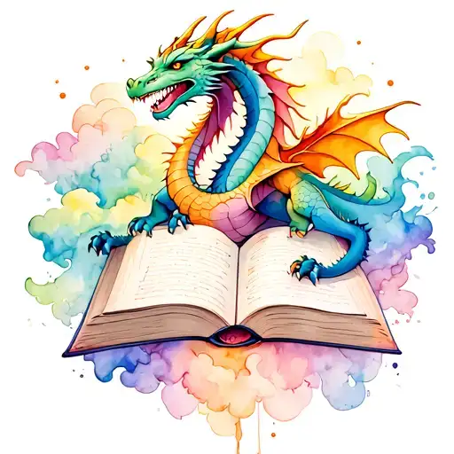Dragon And Book With Pastel Clouds