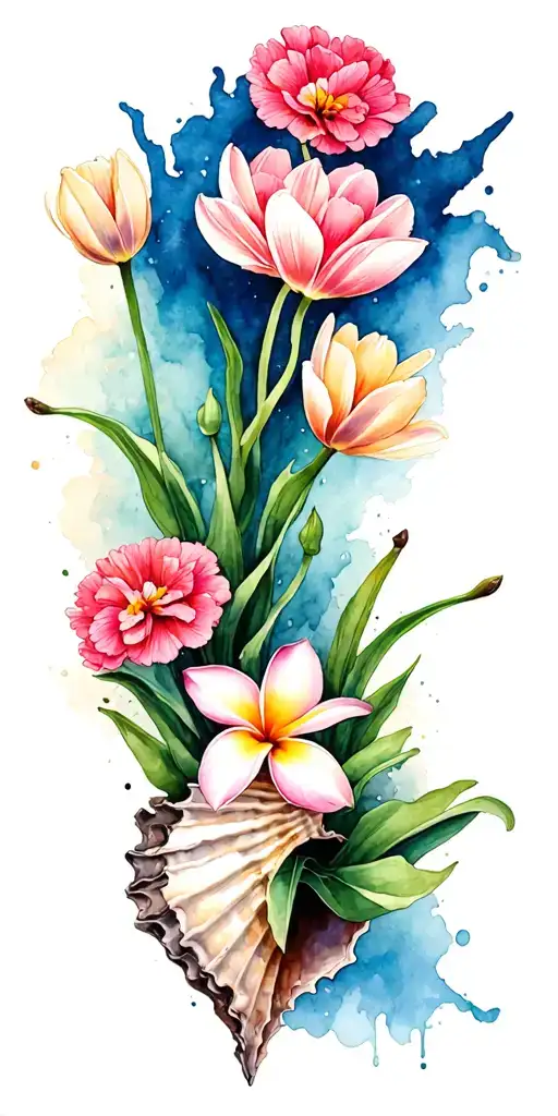 Tulips Hicibus Carnations Plumeria Flowers Growing Out Of A Conch Shell
