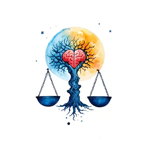 A Scale With A Tree Pillar Containing A Heart A Brain A Sun And A Moon