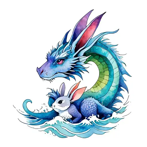 In The Profile Of A Dragon With A Rabbit Face And Paws Of A Rabbit With Waves In Color
