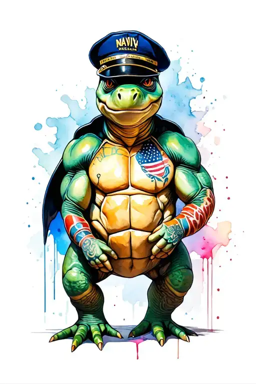 Muscular Turtle With Us Navy Tattoos Wearing Us Navy Dixie Cup Hat