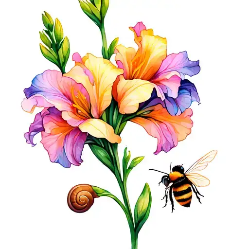 Gladiolus Flower With A Bumble Bee And A Snail