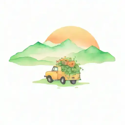 Green Truck With A Bed Full Of Flowers And Mountain In The Background With An Orange Sunset