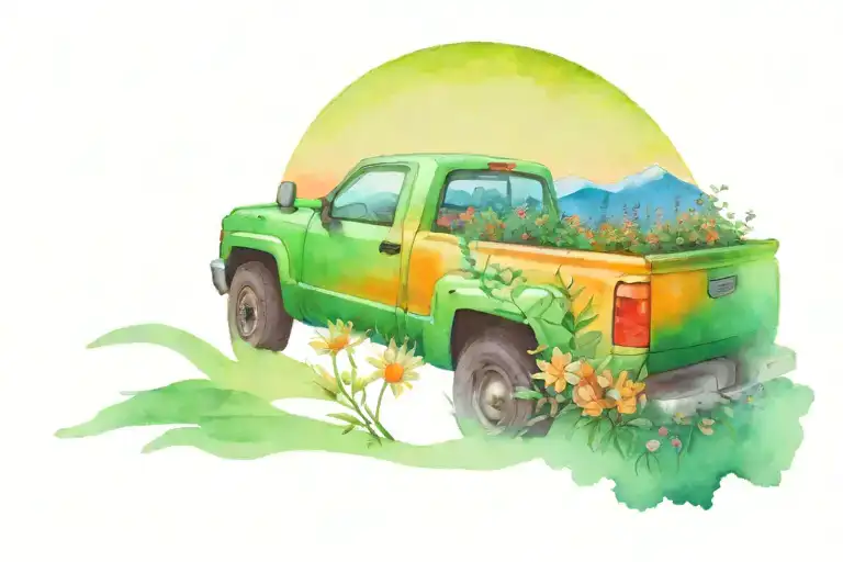 Green Pick Up Truck With A Bad Full Of Flowers And An Orange Sunset With Mountains
