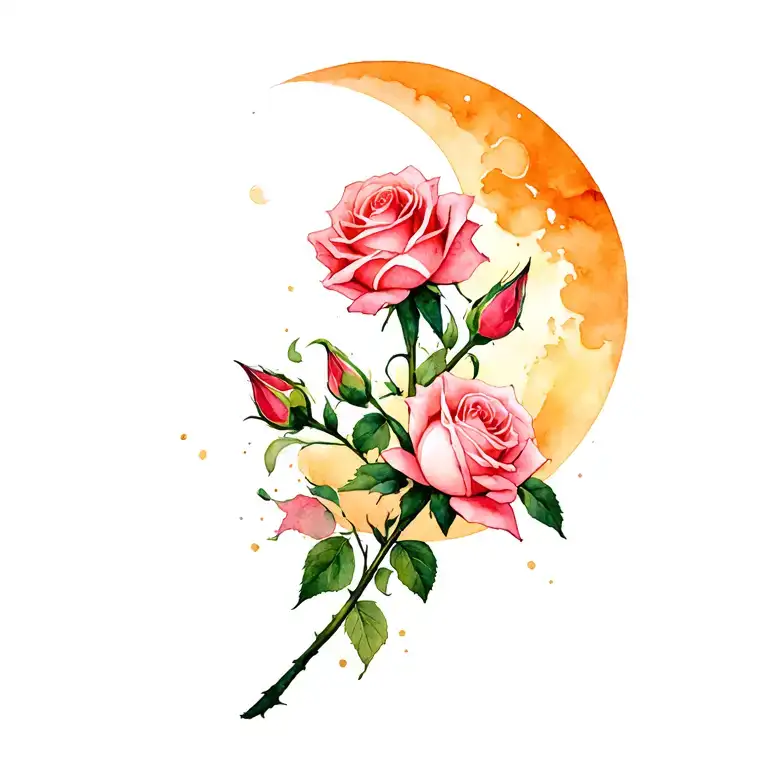 Strength And Beauty Roses And Rose Buds And Moon In The Background