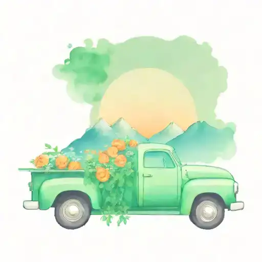 Green Truck With A Bed Full Of Flowers And Mountain In The Background With An Orange Sunset