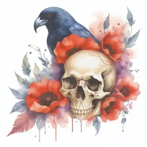 Skull Raven Poppies Blooming